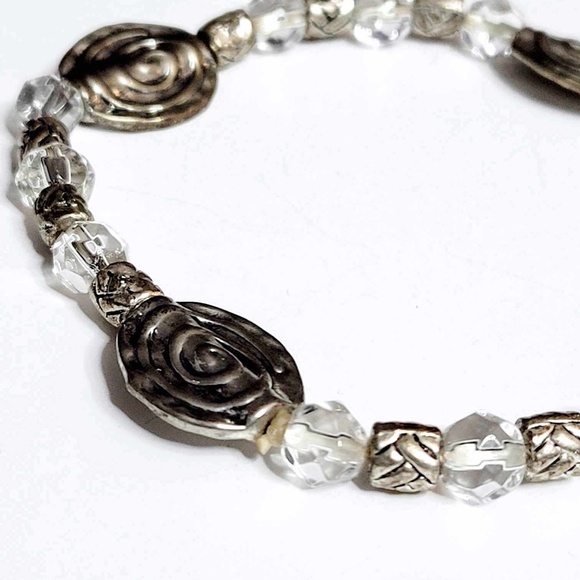 Vintage Handcrafted Heavy Silver Metal & Clear Crystal Beaded Bracelet 7" - Picture 6 of 6